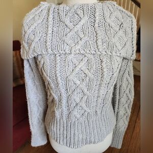 Chunky Cable Knit Cowl-Neck Sweater - Light Gray